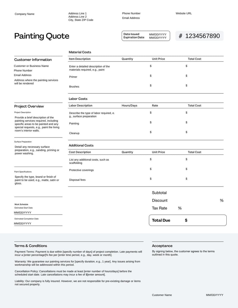 Painting Quote for estimating paint jobs, labor costs, and materials needed