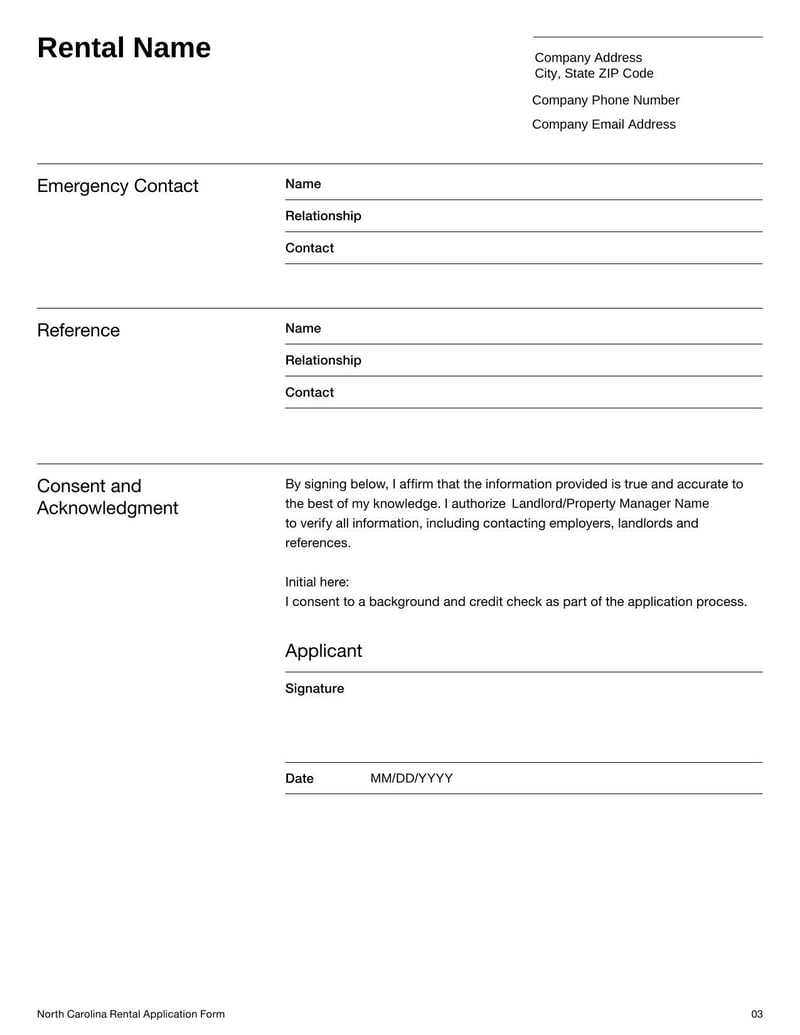 Rental Application Form North Carolina for tenant information in North Carolina