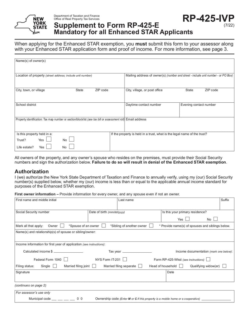 Supplement to Form RP-425-E Mandatory for all Enhanced STAR 