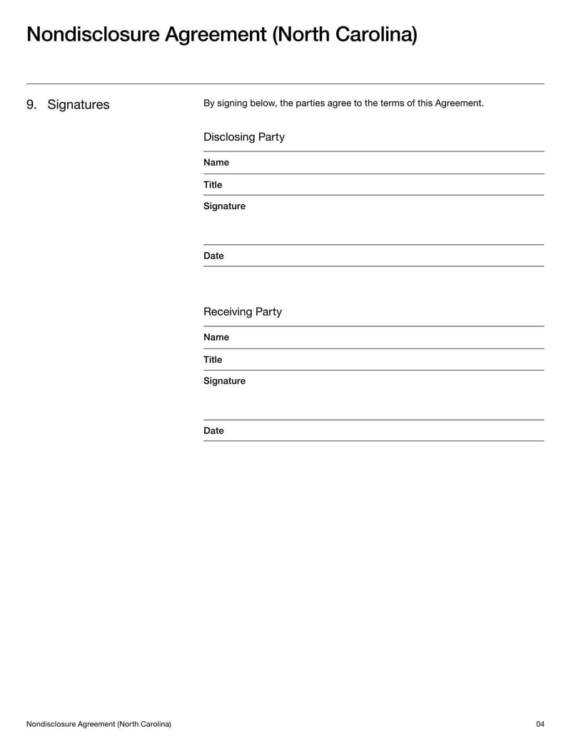 North Carolina Nondisclosure Agreement document with confidentiality and nondisclosure terms