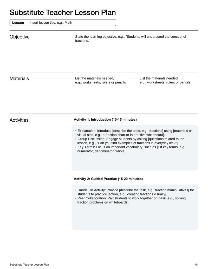 Substitute Teacher Lesson Plan for guiding substitute teaching days