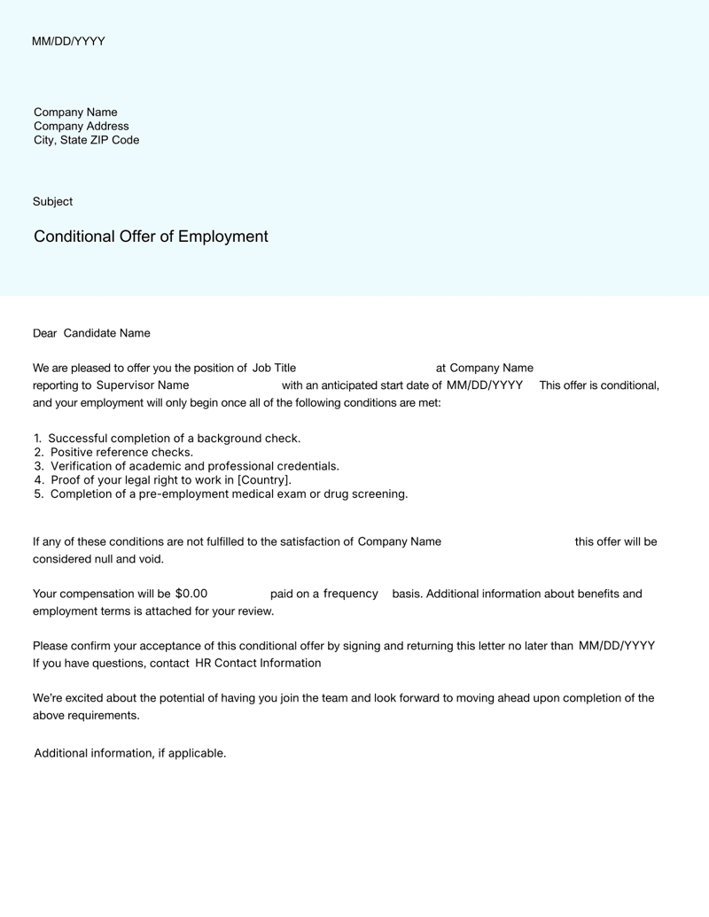 Conditional Offer of Employment letter with job details, employment conditions, and acceptance instructions