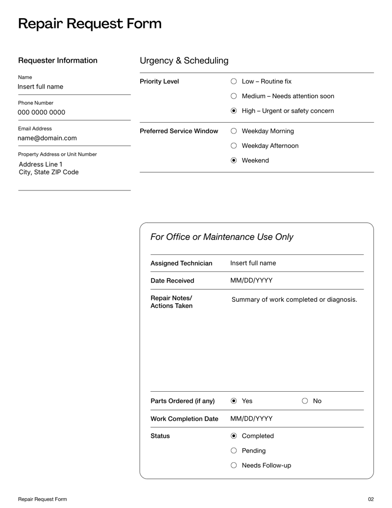 Repair Request Form for reporting property maintenance and repair issues