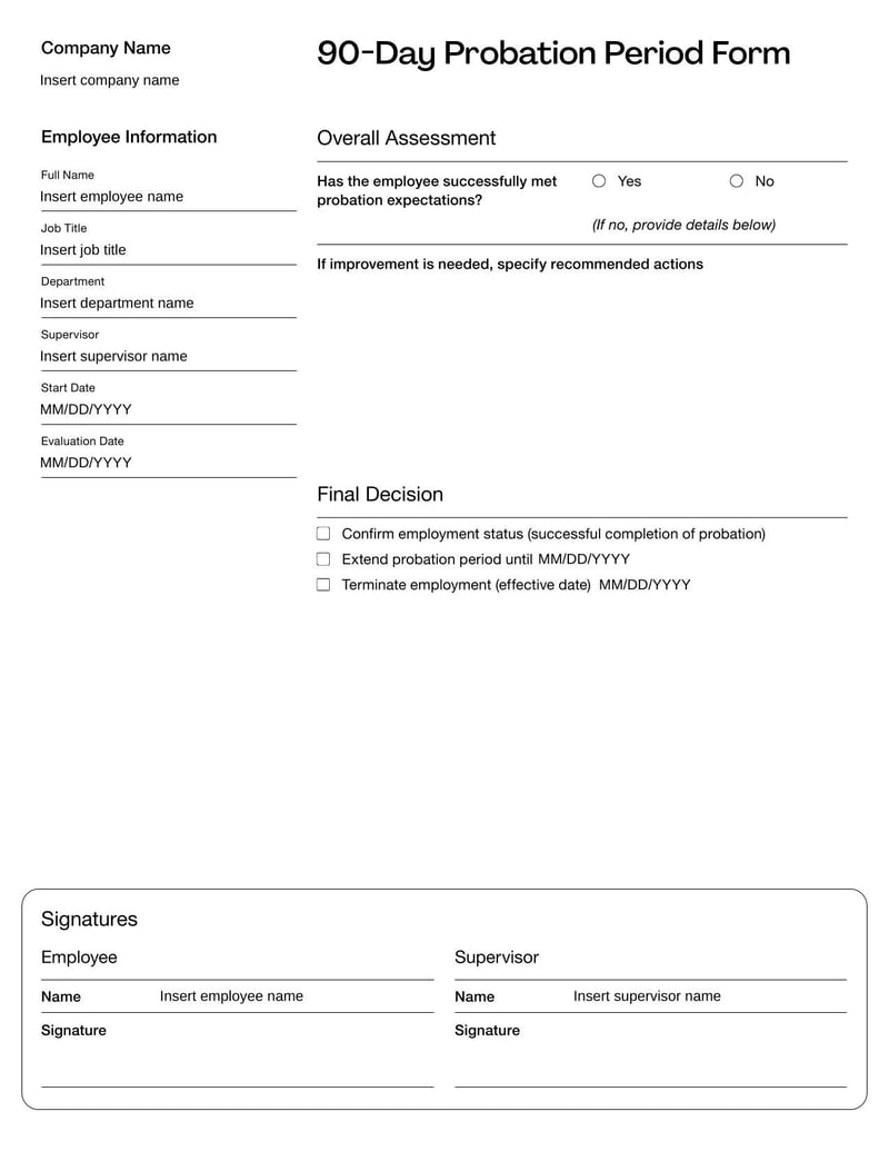 90 Day Probation Period evaluating new hires' performance and fit within the company