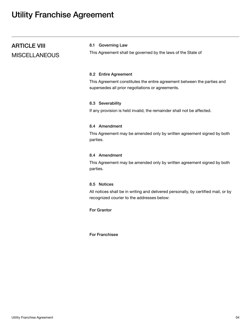 Utility Franchise Agreement detailing grantor–franchisee rights, franchise fees, service standards and dispute resolution