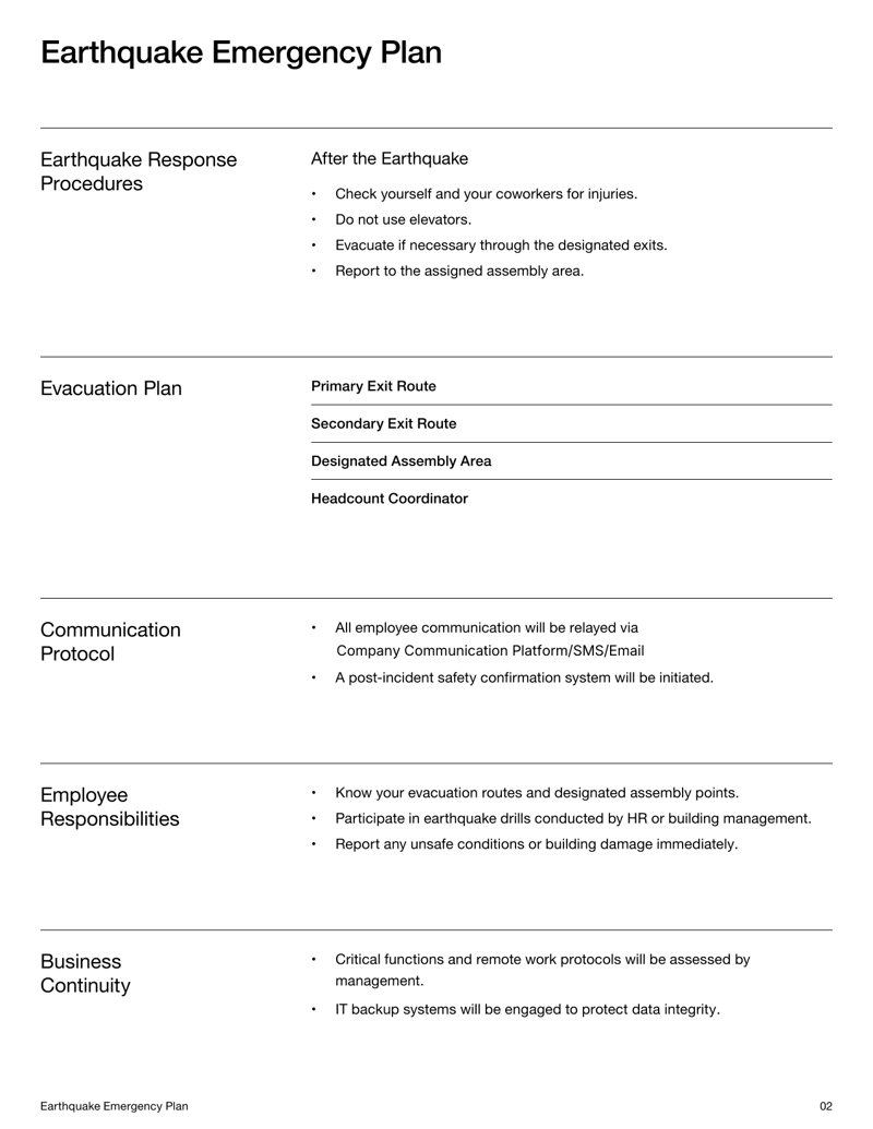 Earthquake Emergency Plan with emergency contacts, evacuation info, response protocol and acknowledgment section