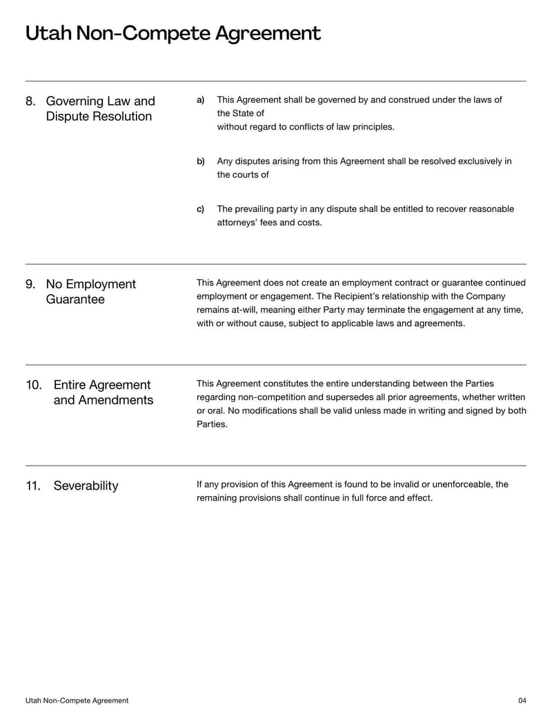 Non-Compete Agreement Utah for detailing employment restrictions on competitive work within the state’s legal limits