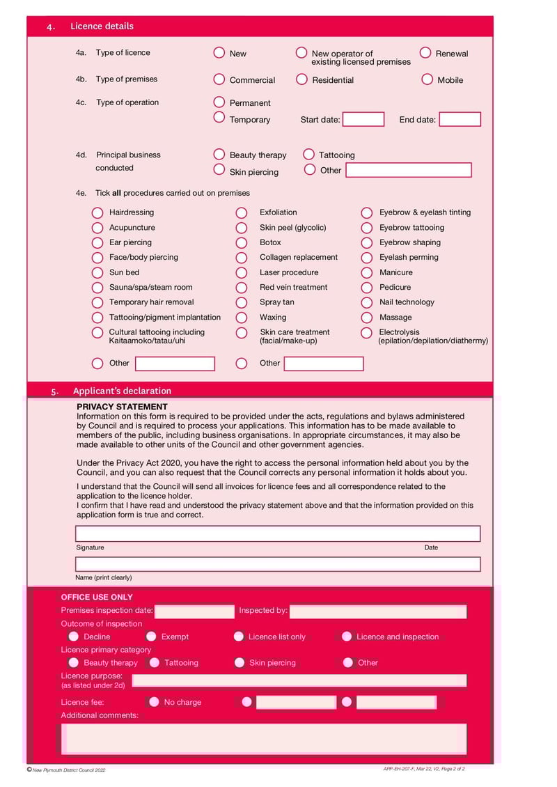 Large thumbnail of Application for Beauty Therapy, Tattooing and Skin Piercing Licence - Mar 2022