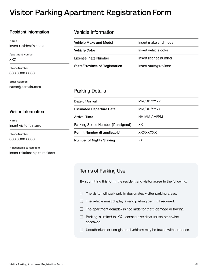 Visitor Parking Apartment Registration Form for guest vehicle access and parking approval