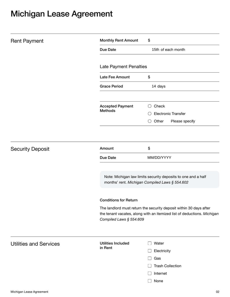 Michigan Lease Agreement for rental terms in Michigan