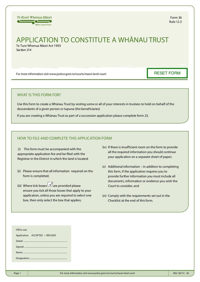 Large thumbnail of MLC Form 36 Application to Constitute a Whanau Trust - Apr 2021