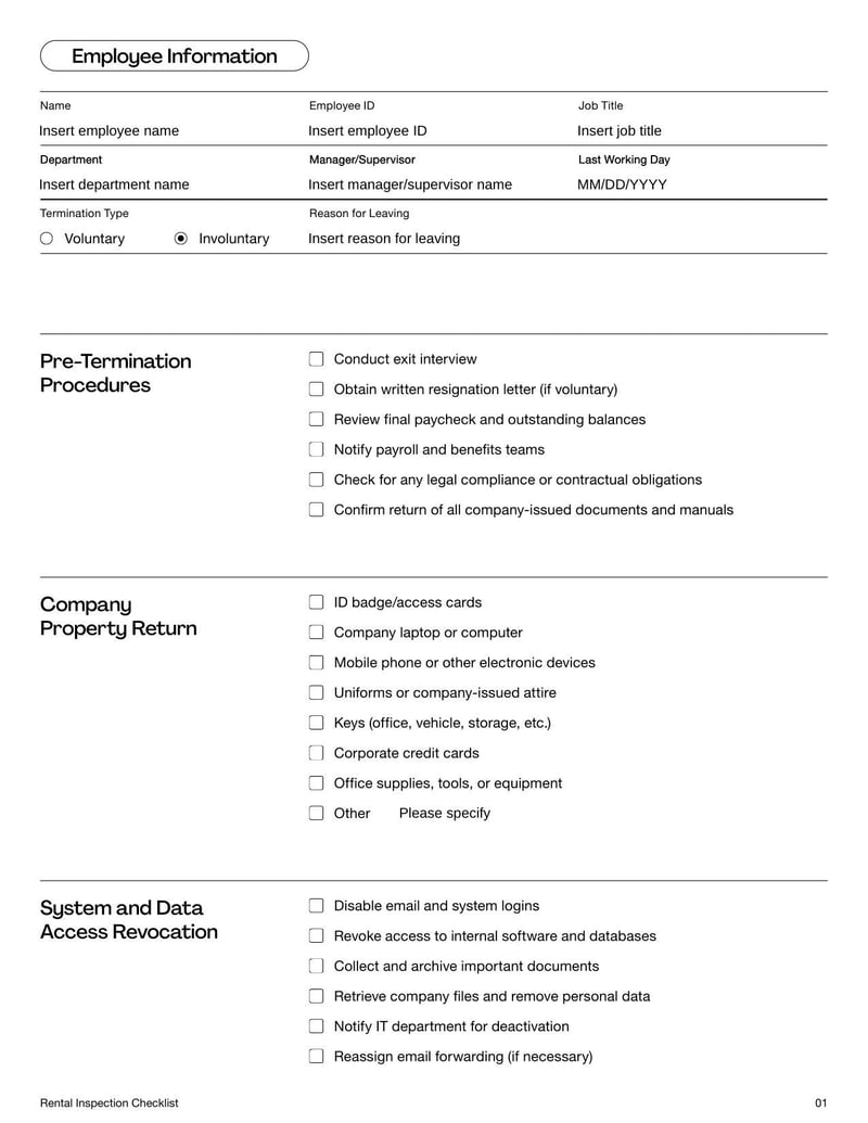 Employee Termination Checklist detailing steps and procedures for processing an employee's departure from the company