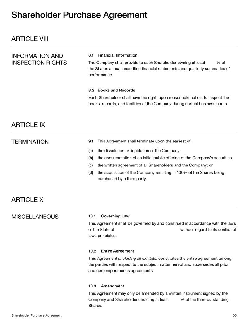 Startup Shareholder Agreement detailing shareholder rights, governance rules, ownership and dispute resolution