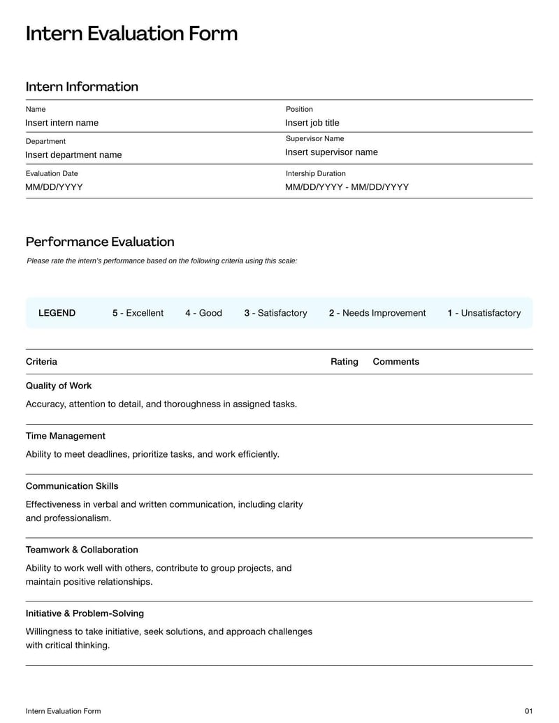 Intern Evaluation Form for assessing an intern’s performance, skills, and overall contribution
