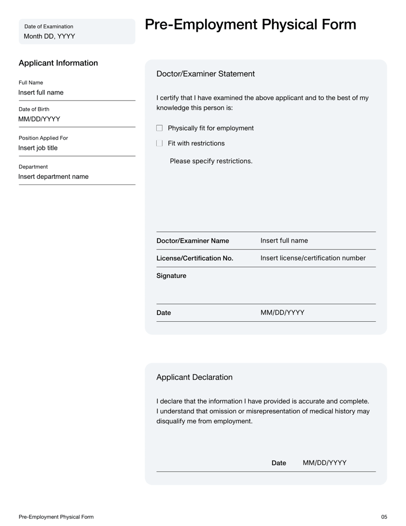 Pre-Employment Physical Form, including sections for applicant medical history, physical exam results, doctor certification and applicant declaration
