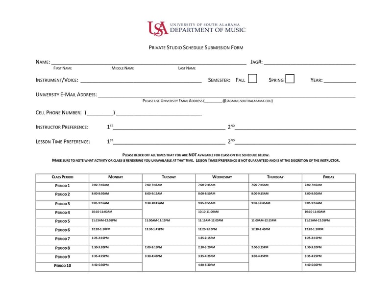 Large thumbnail of University of South Alabama Private Studio Schedule Submission Form