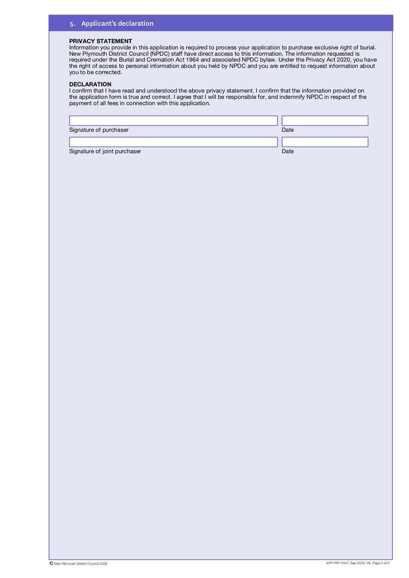Large thumbnail of Form 104 Application to Purchase Exclusive Right of Burial - Sep 2022