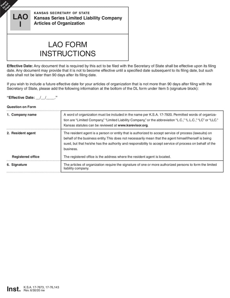 Large thumbnail of Kansas Limited Liability Company Articles of Organization Form and Instructions - Jun 2020