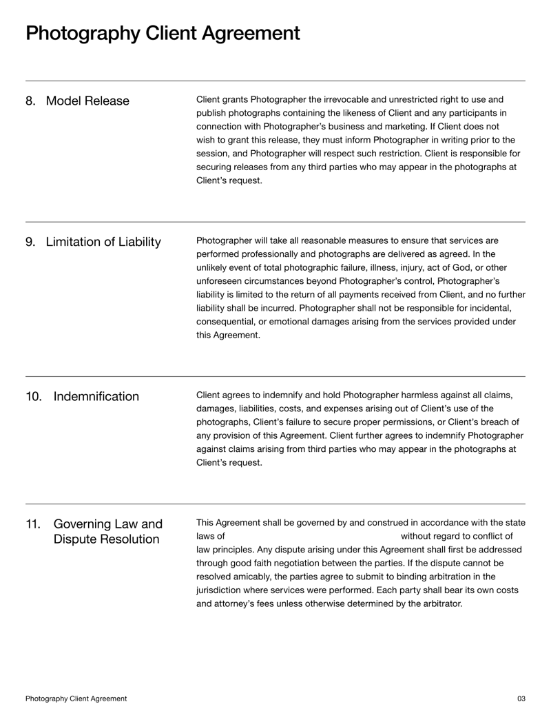 Photography Client Agreement Contract detailing services, fees, cancellation terms, copyright ownership and client responsibilities