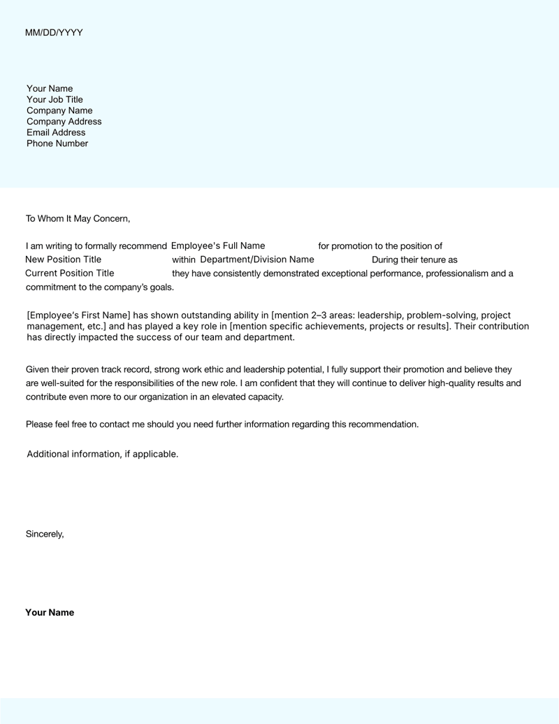 Promotion Recommendation Template used by managers to endorse employee advancement within a company