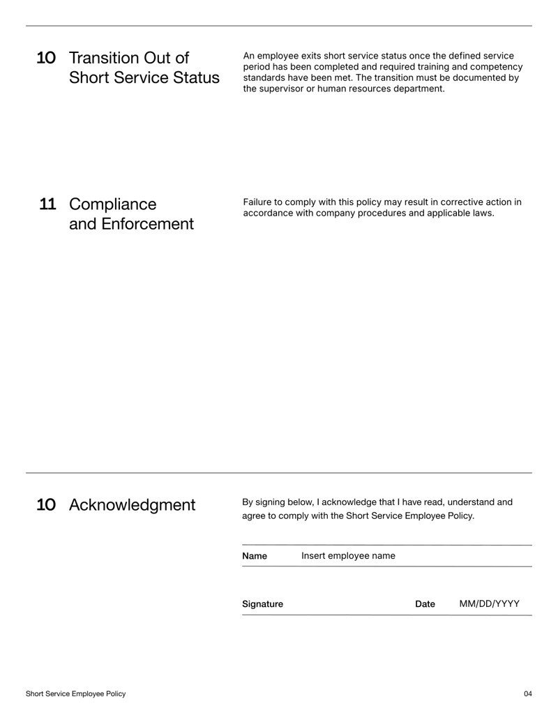 Short Service Employee Policy outlining onboarding, supervision, training requirements and acknowledgment section