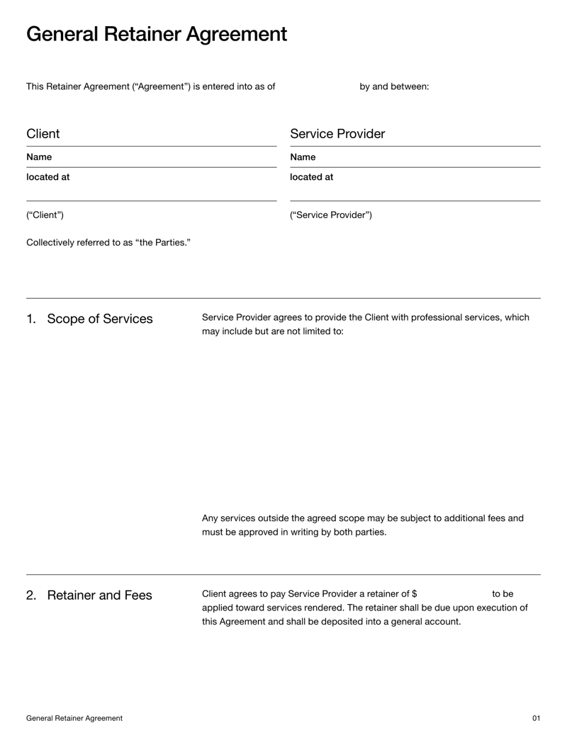Retainer Agreement Template for outlining service terms, payment structure and legal obligations