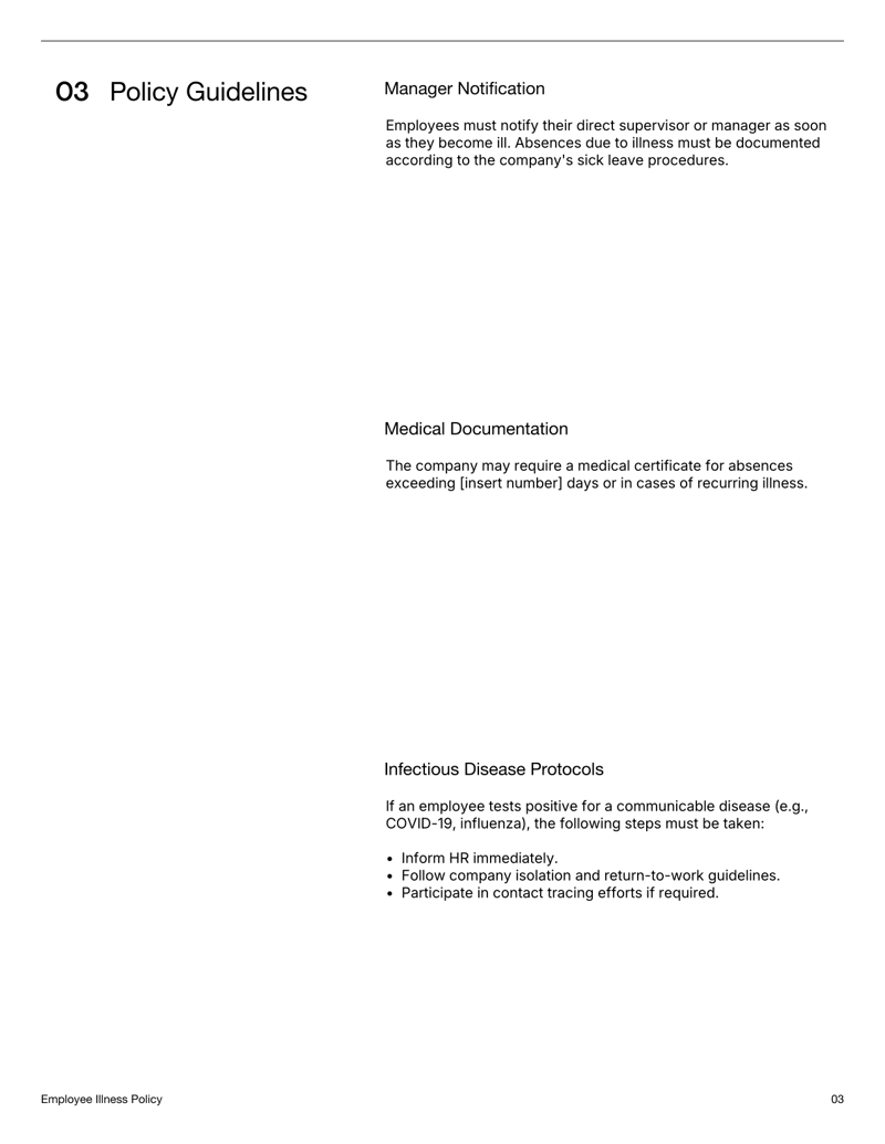 Employee Illness Policy Template outlining workplace safety protocols and sick leave procedures