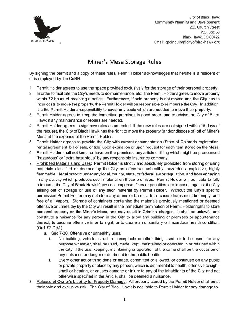 Large thumbnail of City of Black Hawk Miners Mesa Permit Application and Rules
