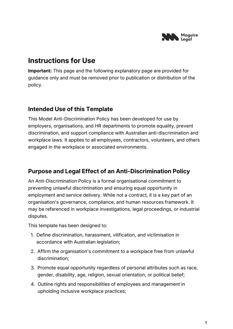 Anti-Discrimination Policy for Australian workplaces covering equality, compliance and complaint procedures