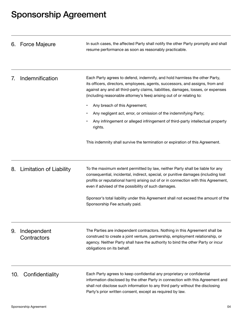Sponsorship Agreement for defining sponsor contributions and event promotion terms
