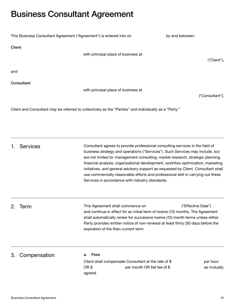 Business Consultant Agreement covering services, payment terms, confidentiality, intellectual property and termination