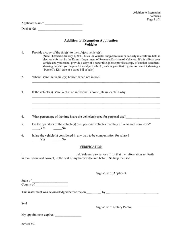 Kansas Addition to Exemption Application Vehicles | Fill and sign with ...