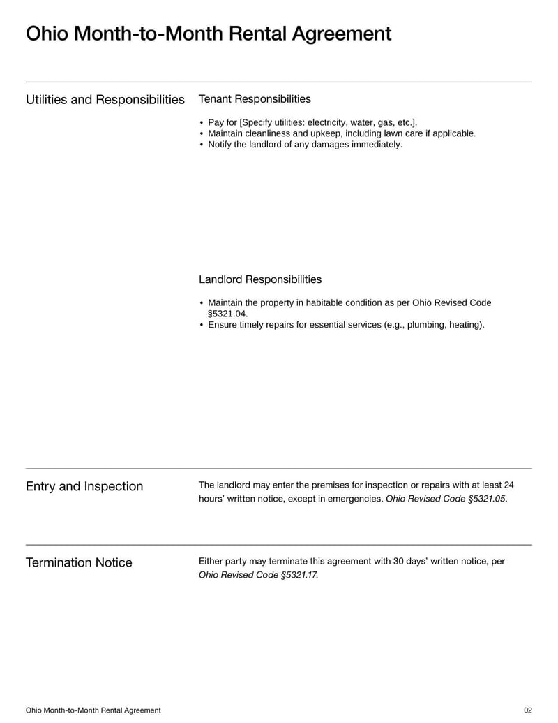Ohio Month-to-Month Rental Agreement for outlining flexible lease terms, rent payments, security deposits, and termination procedures