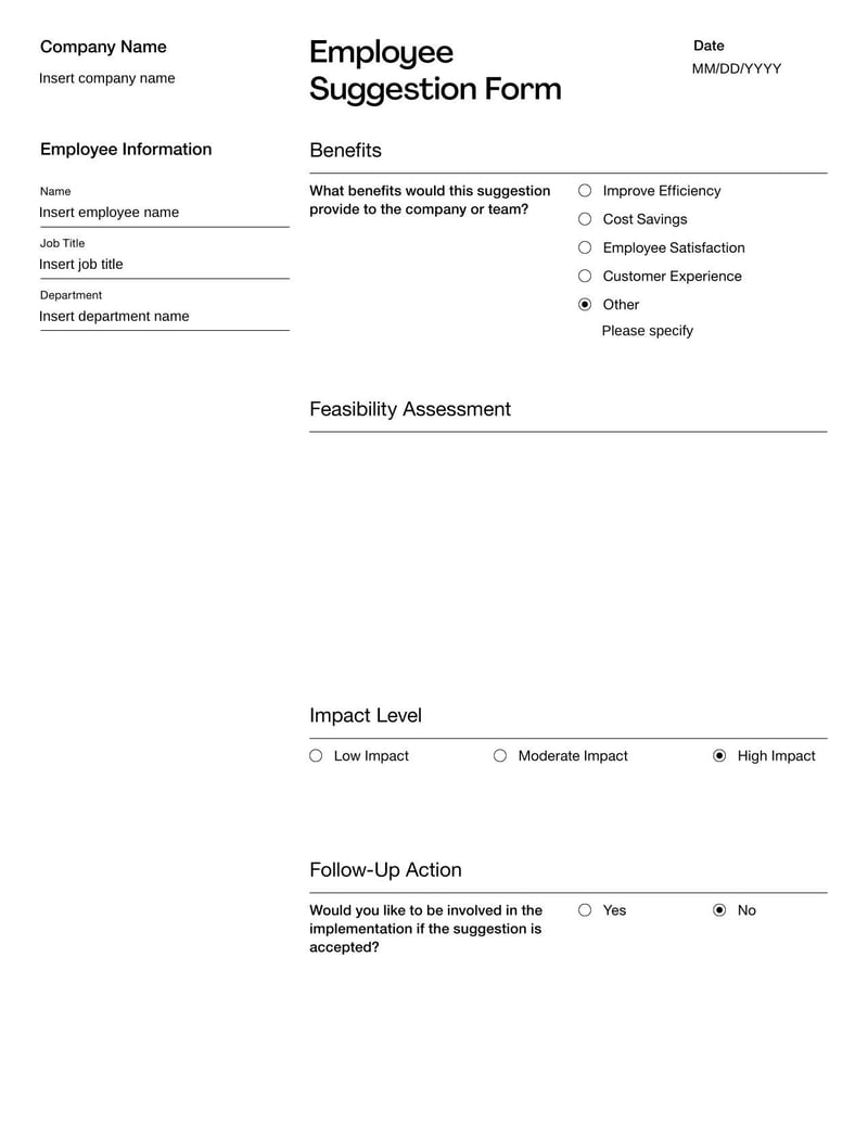 Employee Suggestion Form for submitting ideas to improve workplace processes, policies, or culture