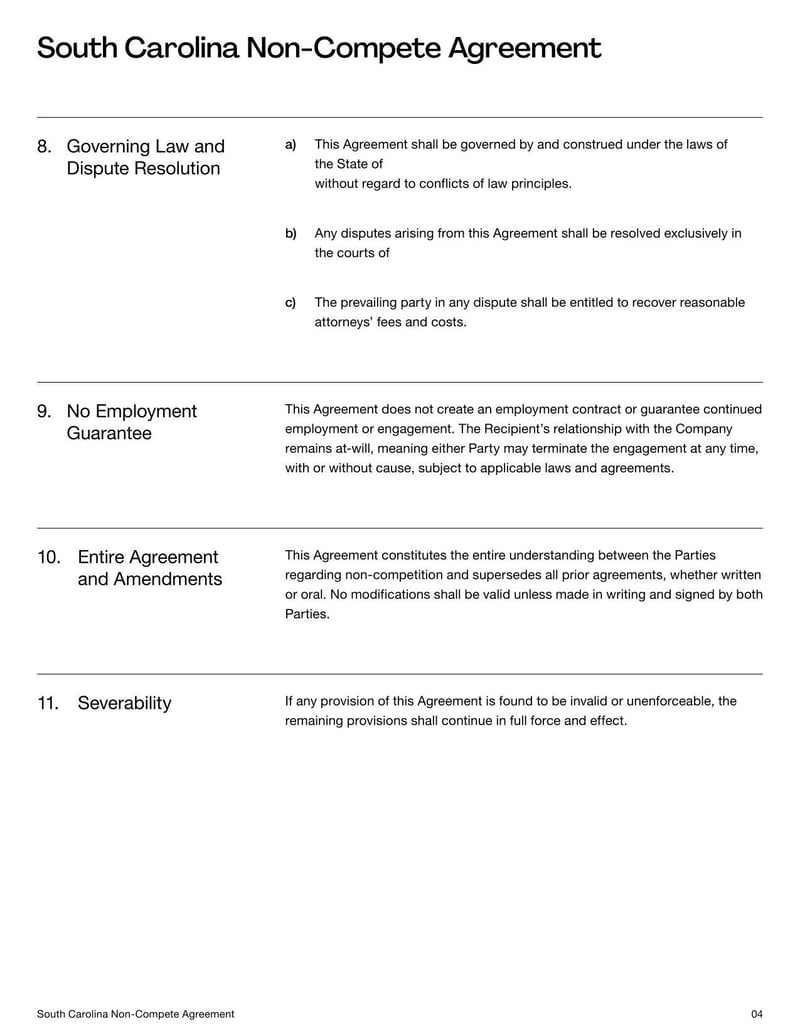 Non-Compete Agreement South Carolina for specifying employment restrictions on competitive work within the state’s legal limits