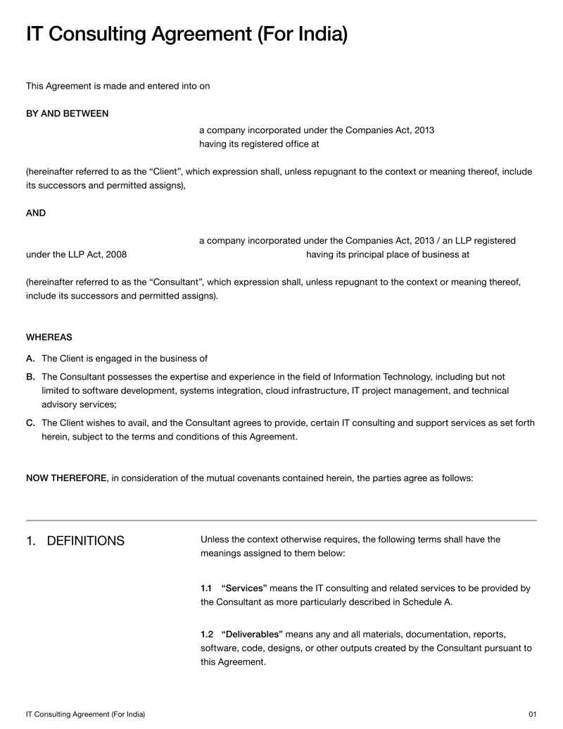 IT Consulting Services Agreement (India) outlining legal terms for IT services, data protection, and payment obligations.