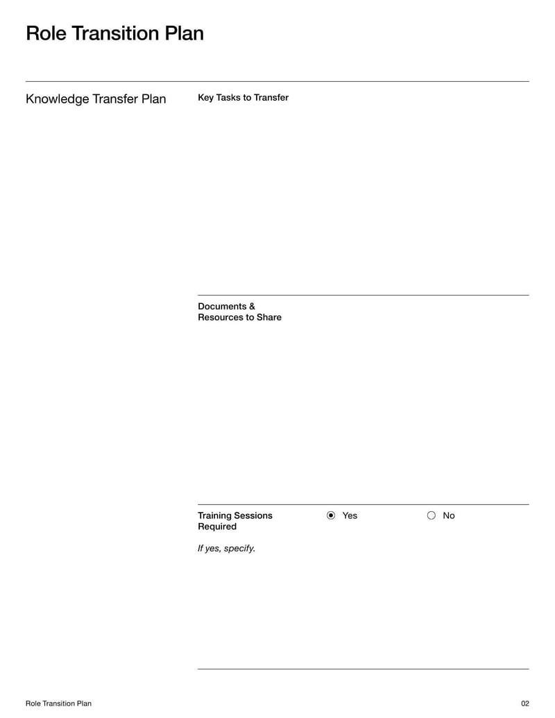 Role Transition Plan Template for outlining responsibilities, timelines, and tasks during a job transition