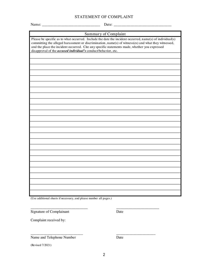 Large thumbnail of Harassment and Discrimination Complaint Intake Form - Sep 2021