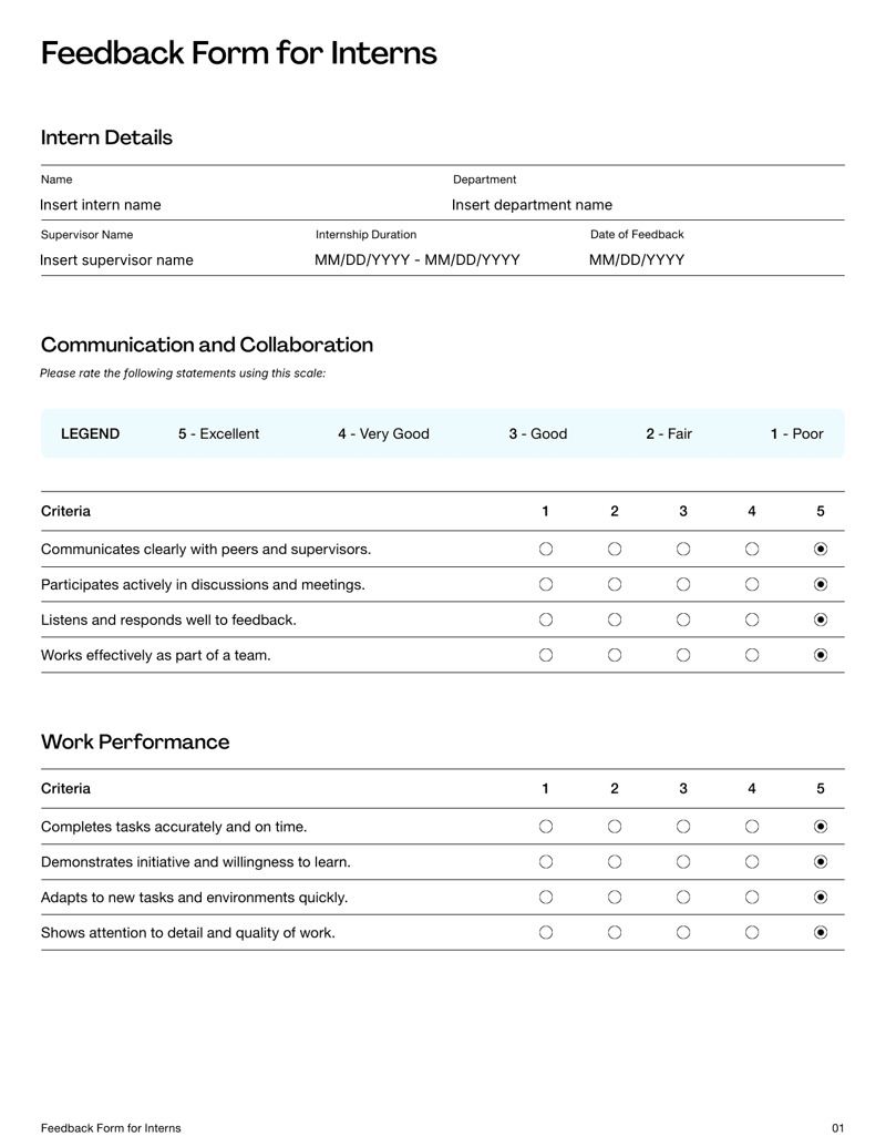 Feedback Form for Interns used to evaluate intern performance