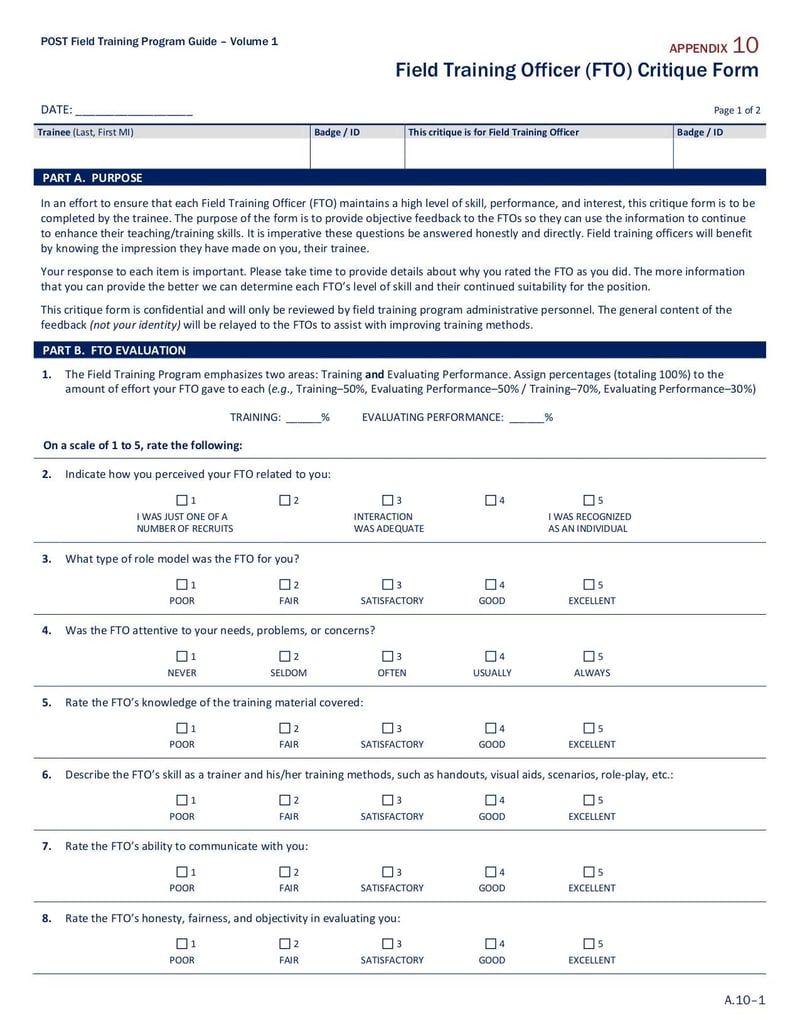 Large thumbnail of Field Training Officer (FTO) Critique Form - Nov 2015