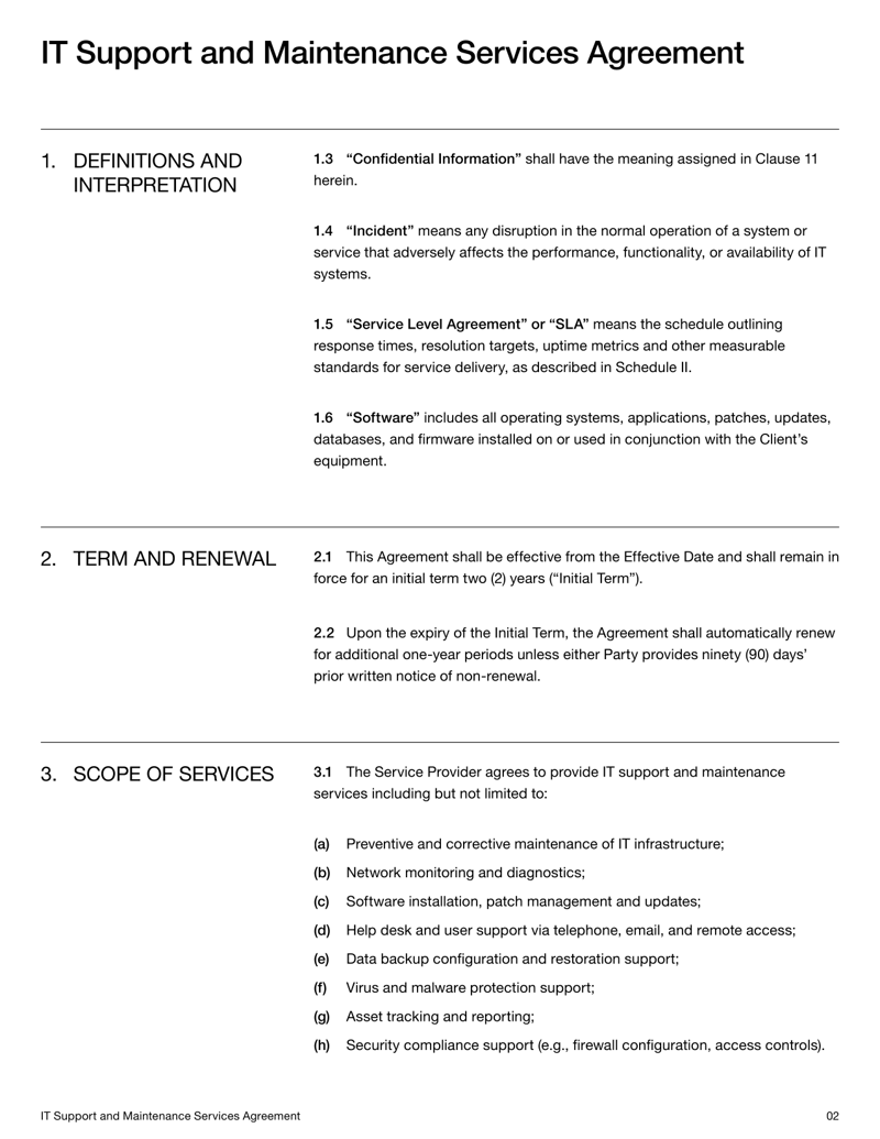 IT Support and Maintenance Services Agreement (India) with service terms, system upkeep details, and dispute resolution provisions