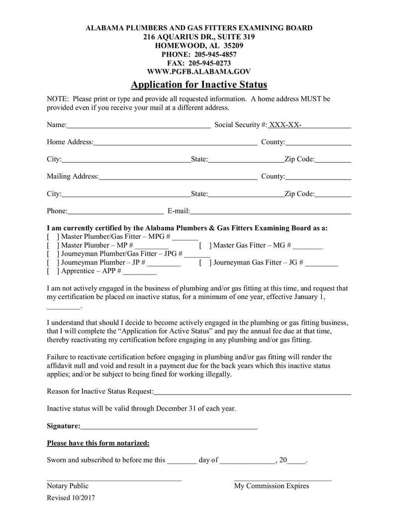 Large thumbnail of Application for Inactive Status - Oct 2017