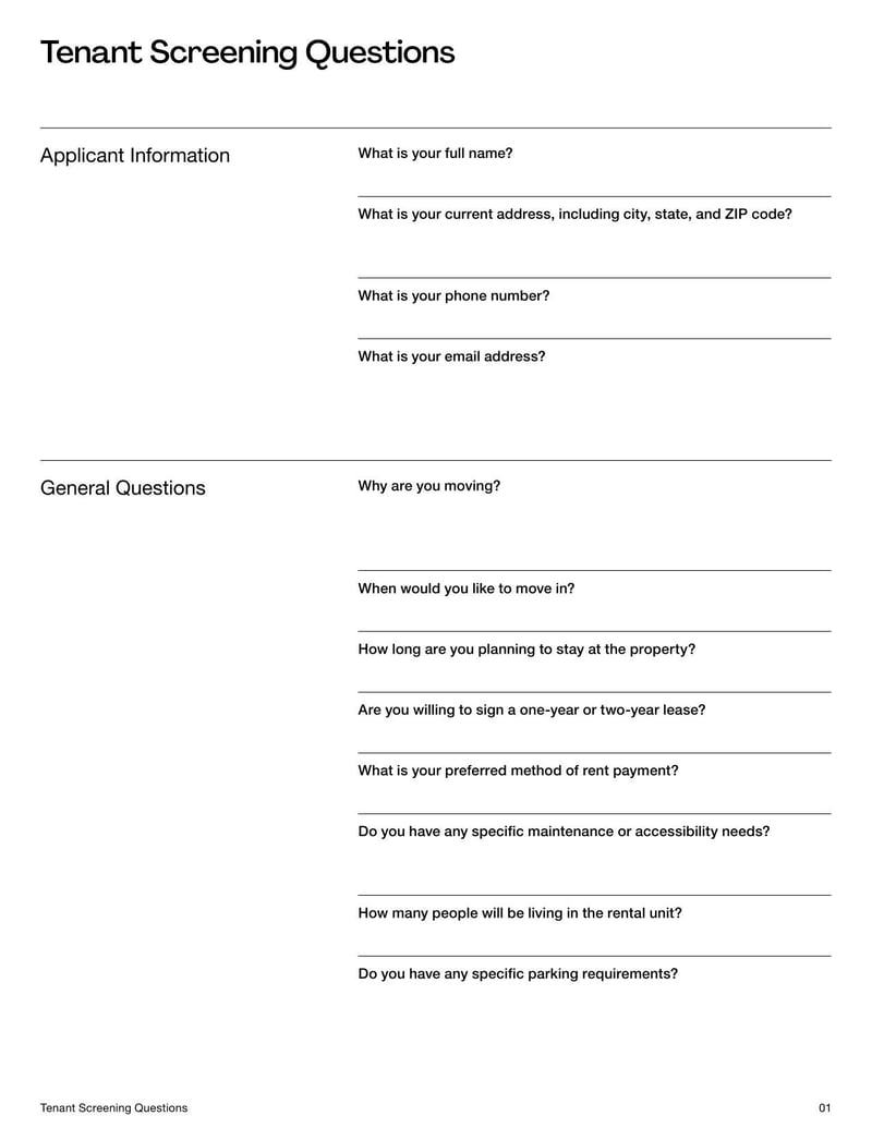 Tenant Screening Questions Template with key questions to assess a prospective tenant’s rental history, income, employment, and references