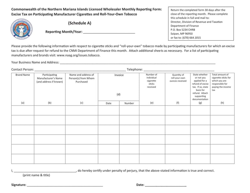 Large thumbnail of Commonwealth of the Northern Mariana Islands Licensed Wholesaler Monthly Reporting Form