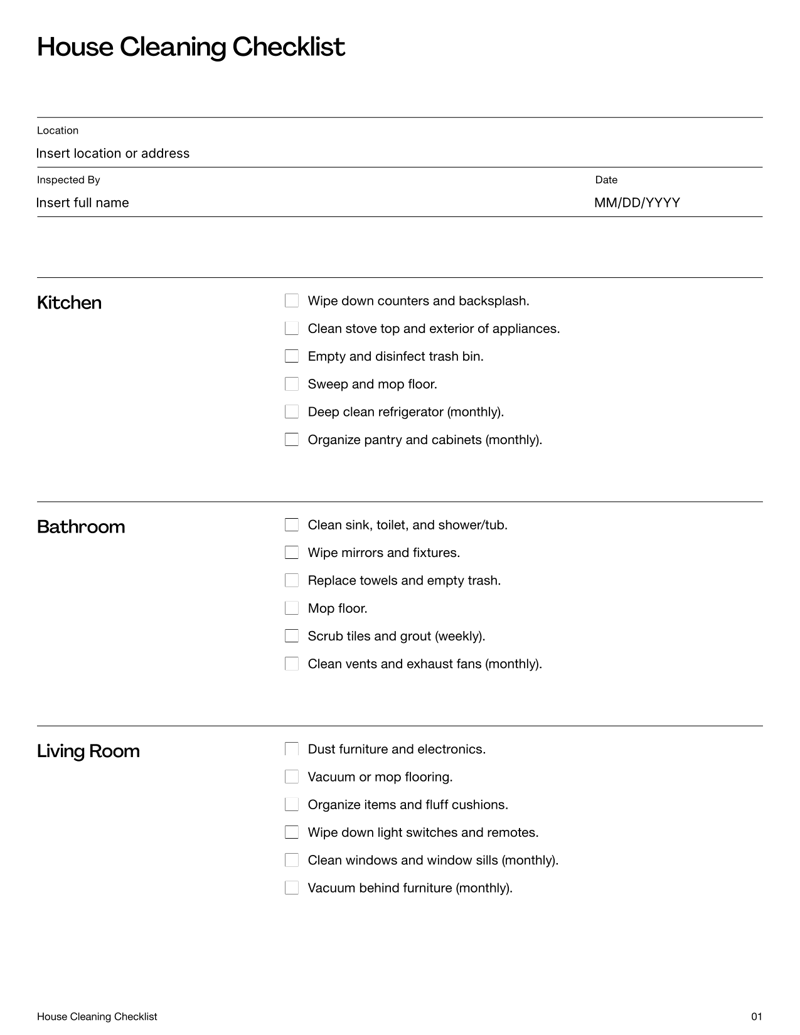 House Cleaning Checklist organized by room and task frequency to maintain a clean and hygienic home