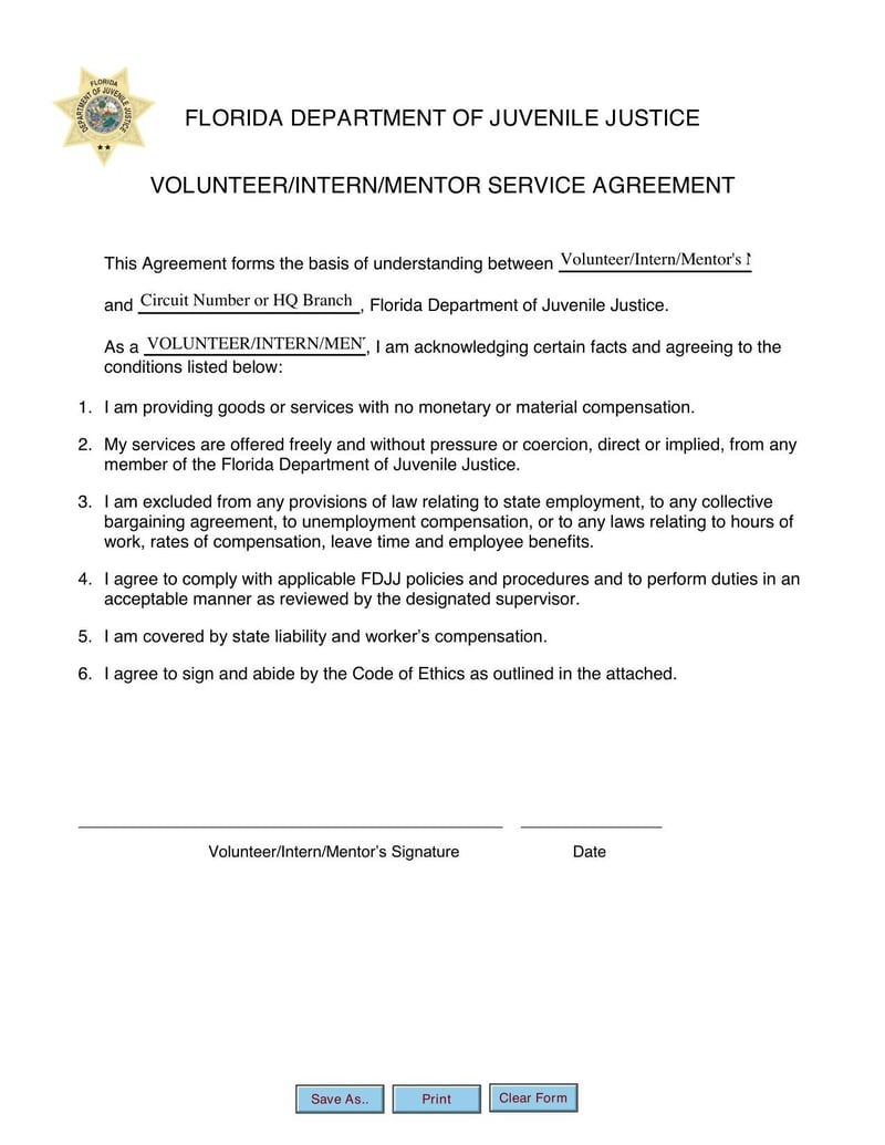 Large thumbnail of Florida Volunteer/Intern/Mentor Service Agreement