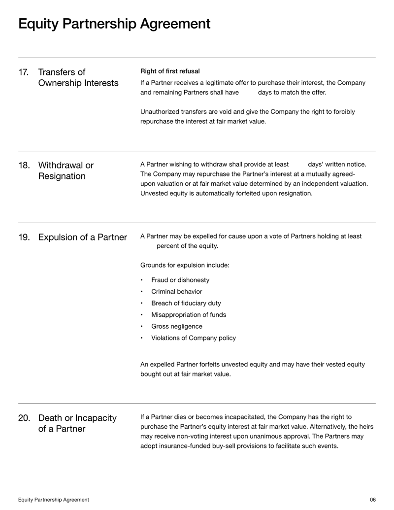 Equity Partnership Agreement defining ownership shares, profit distribution, management responsibilities, and obligations between partners under US law