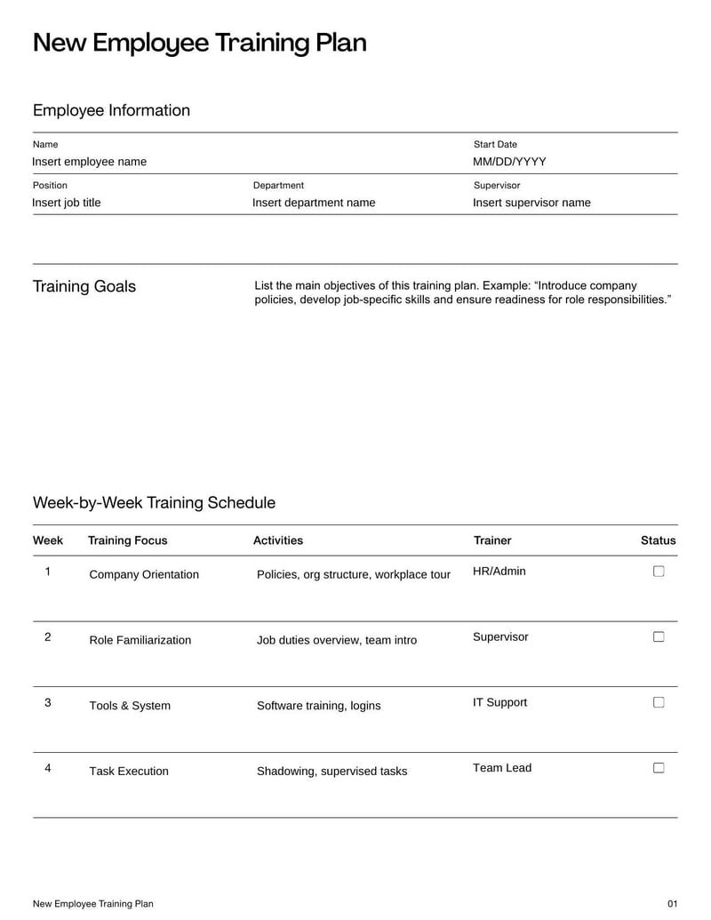 New Employee Training Plan for guiding new hires through onboarding