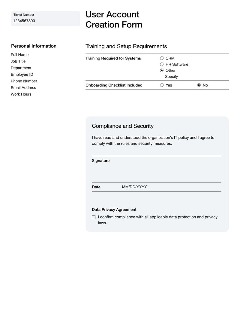 User Account Creation Form for requesting new account access
