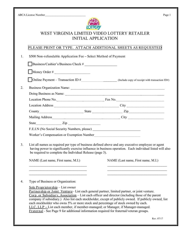 Large thumbnail of West Virginia Limited Video Lottery Retailer Initial Application
